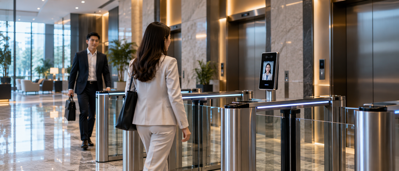 Office lobby turnstile access control with Timetera TT-51AI face recognition before lift area
